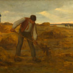 An oil painting of a peasant farmer working in a field in rural France. Another laborer and cattle are visible in the background.