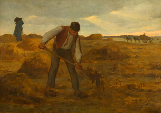 An oil painting of a peasant farmer working in a field in rural France. Another laborer and cattle are visible in the background.