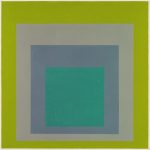 A painting of four nested squares. The innermost square is turquoise. It is surrounded by a dark gray square, which is surrounded by a light gray square. The light gray square is surrounded by a lime green square.
