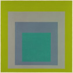 A painting of four nested squares. The innermost square is turquoise. It is surrounded by a dark gray square, which is surrounded by a light gray square. The light gray square is surrounded by a lime green square.