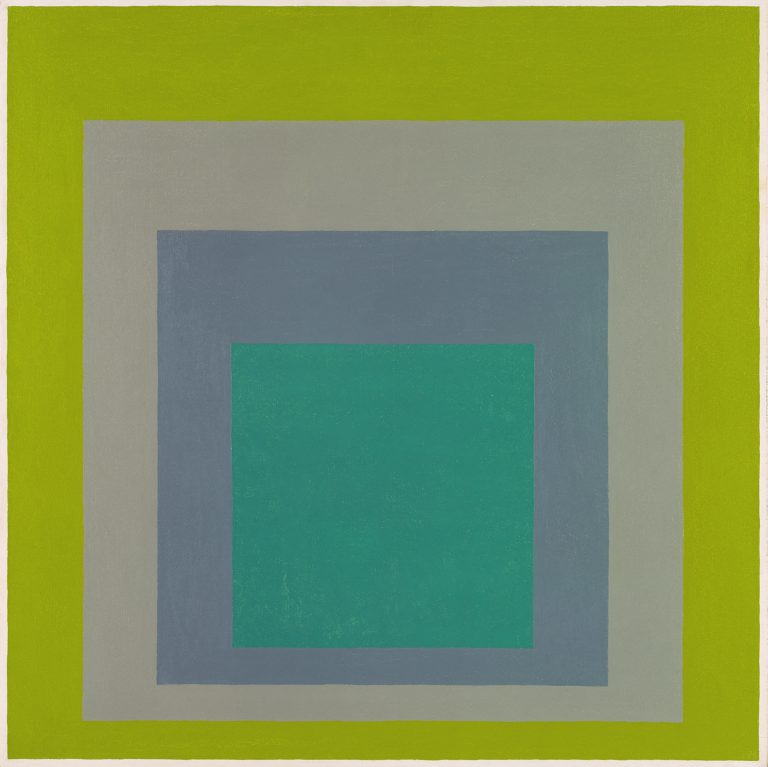 A painting of four nested squares. The innermost square is turquoise. It is surrounded by a dark gray square, which is surrounded by a light gray square. The light gray square is surrounded by a lime green square.