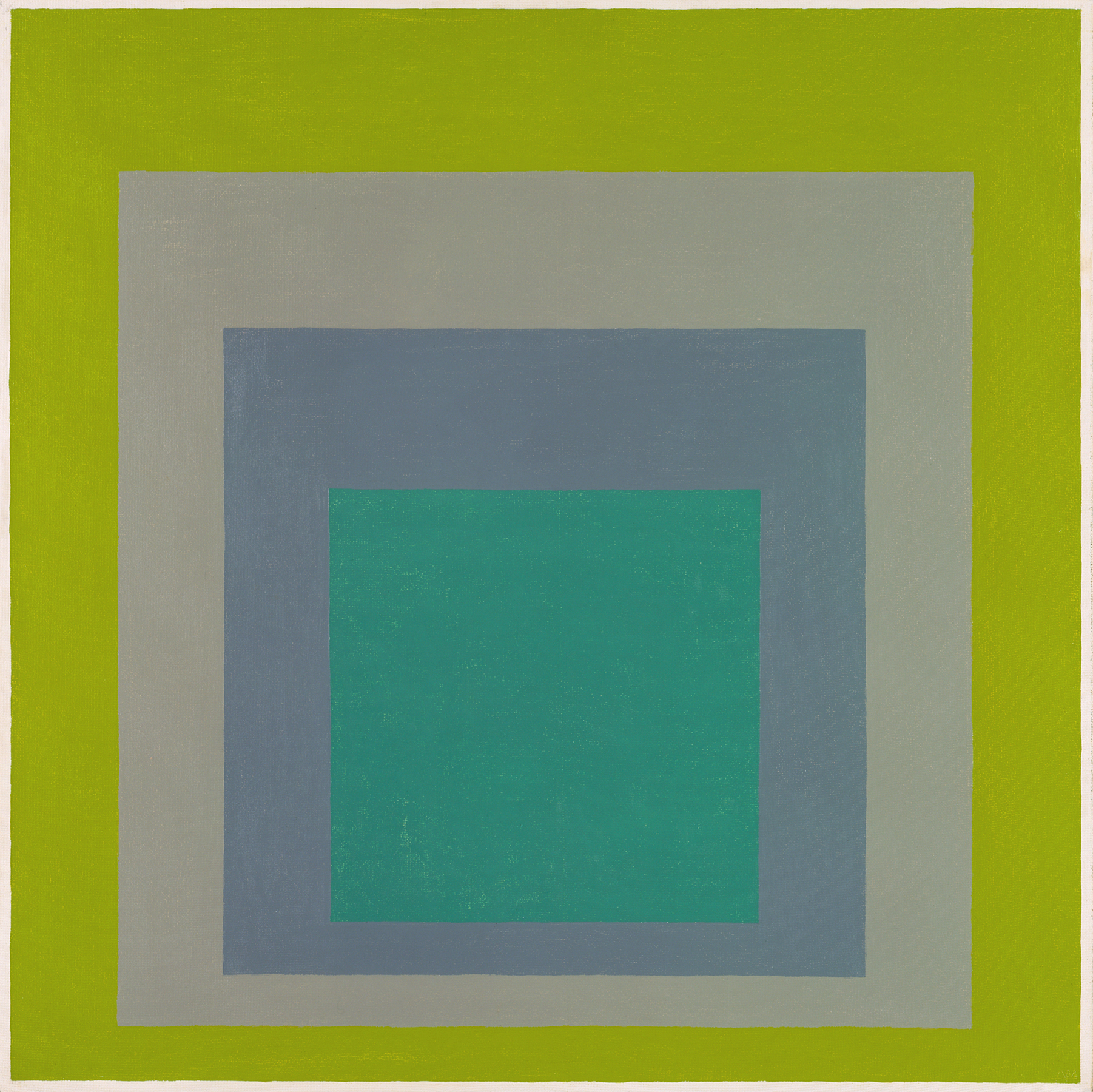 Study for Homage to the Square: “High Spring” Un cuadro de cuatro cuadrados anidados. El cuadrado más interior es de color turquesa. Está rodeado por un cuadrado gris oscuro, que está rodeado por un cuadrado gris claro. El cuadrado gris claro está rodeado por un cuadrado verde lima.
