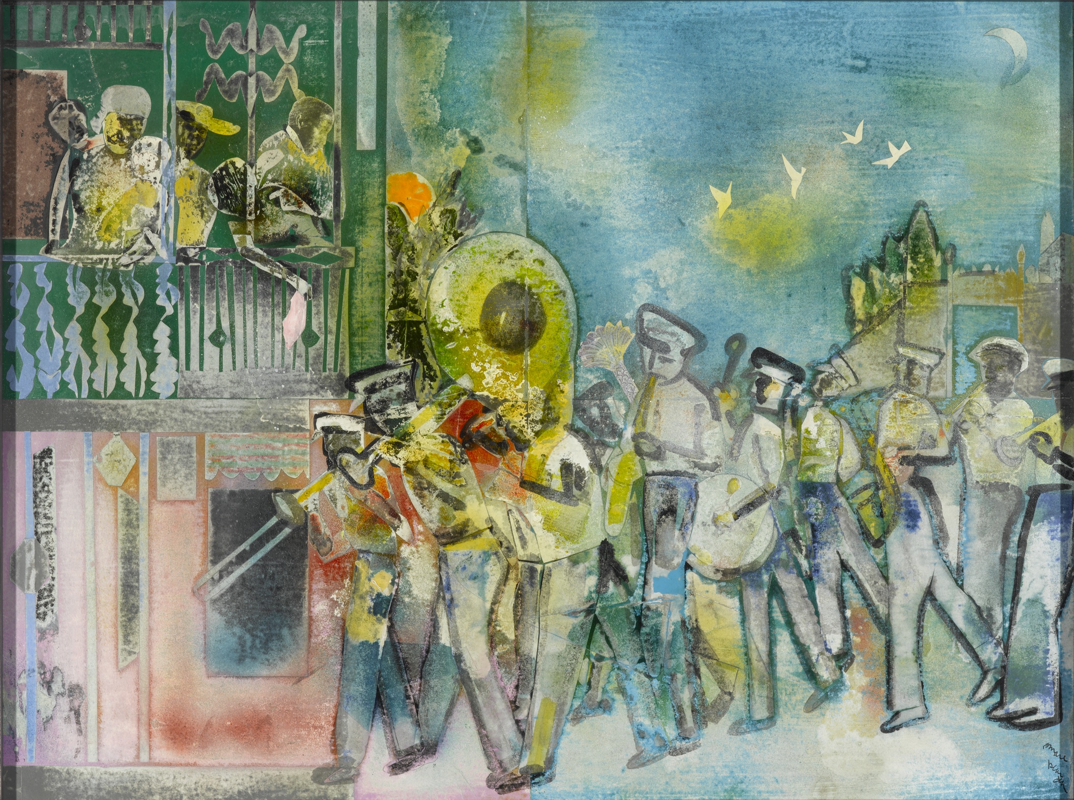 BEARDEN-New-Orleans-Ragging-Home-95_3.jpg A collage painting of a jazz band walking and playing instruments on a street in New Orleans