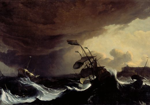 A painting of three ships in the ocean during a storm. The sky is dark and cloudy. The ocean is mostly black, with giant white-capped waves.