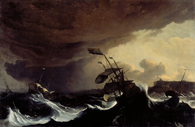 A painting of three ships in the ocean during a storm. The sky is dark and cloudy. The ocean is mostly black, with giant white-capped waves.