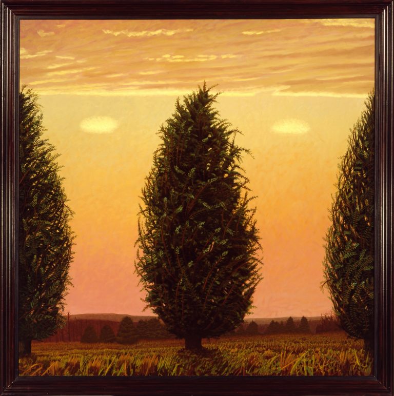 A landscape painting of three trees and two clouds in a field