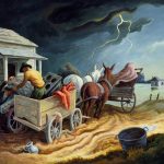 A painting of a house and a wagon at the edge of floodwaters. Two men load a stove and bedding into the wagon, which is hitched to two horses facing the water. There are lightning bolts and dark clouds in the sky, and a flooded house in the background.