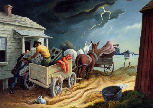 A painting of a house and a wagon at the edge of floodwaters. Two men load a stove and bedding into the wagon, which is hitched to two horses facing the water. There are lightning bolts and dark clouds in the sky, and a flooded house in the background.