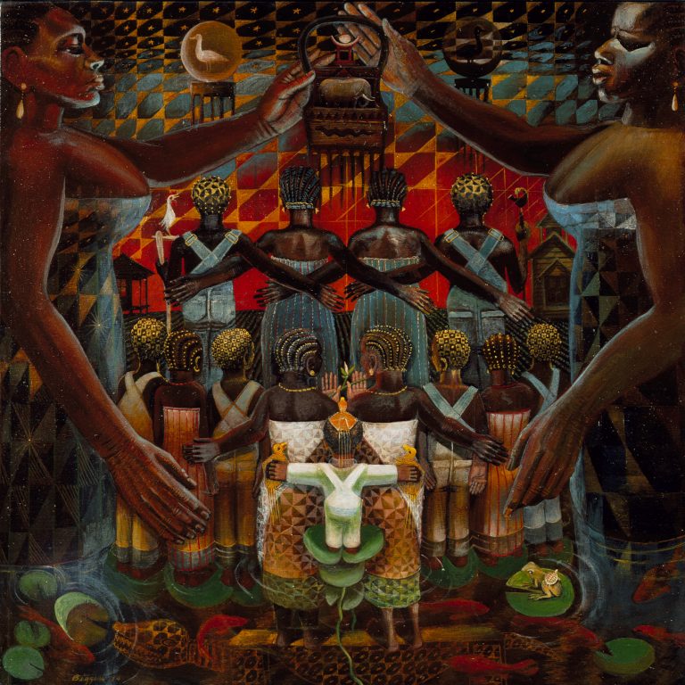 A painting of Black men, women, and children coming out of a shallow body of water. The people are framed by two monumental Black women holding a hair pick.