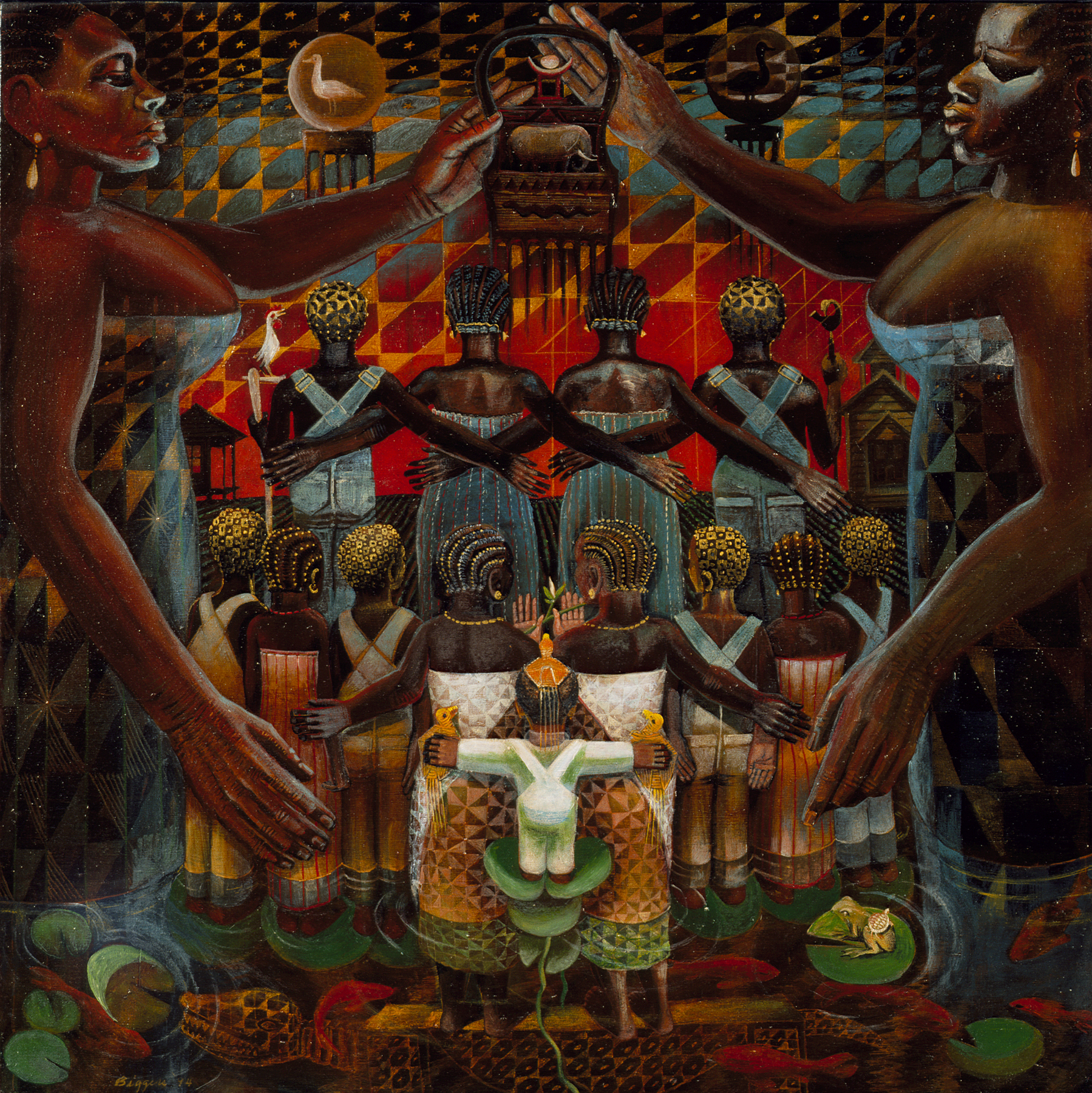 Untitled A painting of Black men, women, and children coming out of a shallow body of water. The people are framed by two monumental Black women holding a hair pick.