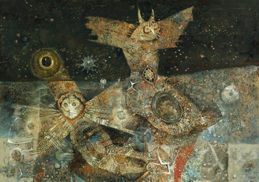 An oil painting featuring two winged, wide-eyed, brown animal figures, one with the face of a cat and the other with the face of an owl. The background is a dark sky filled with stars and overlapping layers of blue and brown geometric shapes and patterns that merge with the two animal forms.