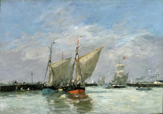 An oil painting featuring two sailboats, one blue and one red, with partially raised white sails. The boats are depicted leaving a seaport, and they are reflected on the water’s surface. The sky is blue and scattered with clouds.