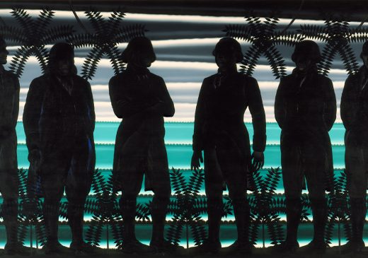 A large oil painting of six standing male silhouettes and 13 tree silhouettes against a striped background in shades of blue, gray, and white.