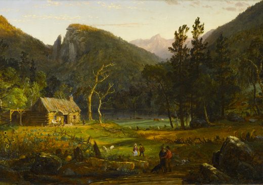 A landscape painting of a small cabin in a tree-filled mountain region. The scene includes images of farm animals and people working outdoors. In the foreground there are two male figures having a conversation. Most of the scene is made up of mountains, trees, and earth.