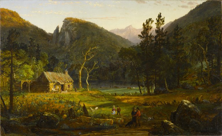 A landscape painting of a small cabin in a tree-filled mountain region. The scene includes images of farm animals and people working outdoors. In the foreground there are two male figures having a conversation. Most of the scene is made up of mountains, trees, and earth.