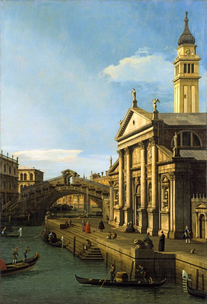 An oil painting depicting a view of Venice, Italy. The Church of San Giorgio Maggiore is in the foreground on the right, and the Rialto Bridge is in the background on the left. The sky is blue with a few clouds, and a bell tower stands in the upper right corner.