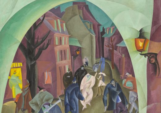 A painting of a pastel-green bridge over a street of pink houses, with distorted human figures walking below the bridge. On the left, one of the human figures stands in an illuminated yellow doorway.