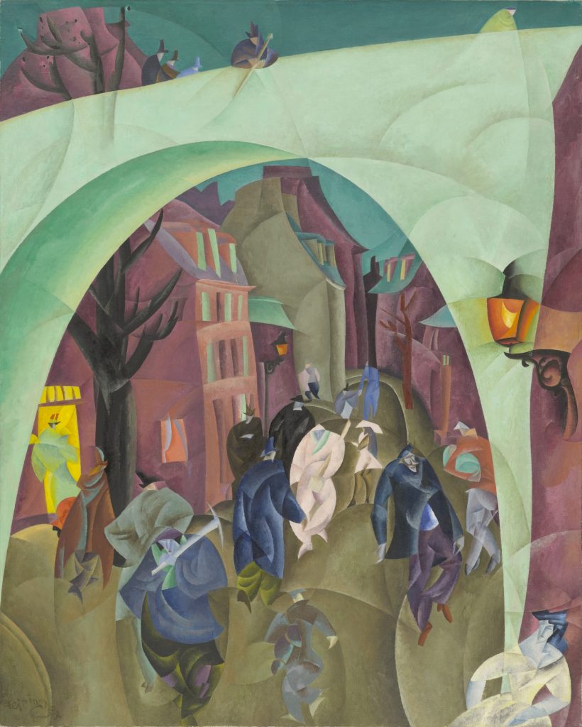 A painting of a pastel-green bridge over a street of pink houses, with distorted human figures walking below the bridge. On the left, one of the human figures stands in an illuminated yellow doorway.