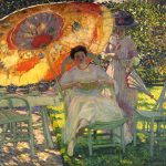 An oil painting of an afternoon garden scene featuring two women. One is sitting in a green chair, and the other is standing, holding a parasol and wearing a big hat. Both women are wearing long, light-colored dresses. There is a tea table and a sunlit orange and yellow umbrella to the left of the women.