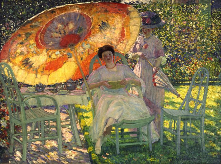 An oil painting of an afternoon garden scene featuring two women. One is sitting in a green chair, and the other is standing, holding a parasol and wearing a big hat. Both women are wearing long, light-colored dresses. There is a tea table and a sunlit orange and yellow umbrella to the left of the women.