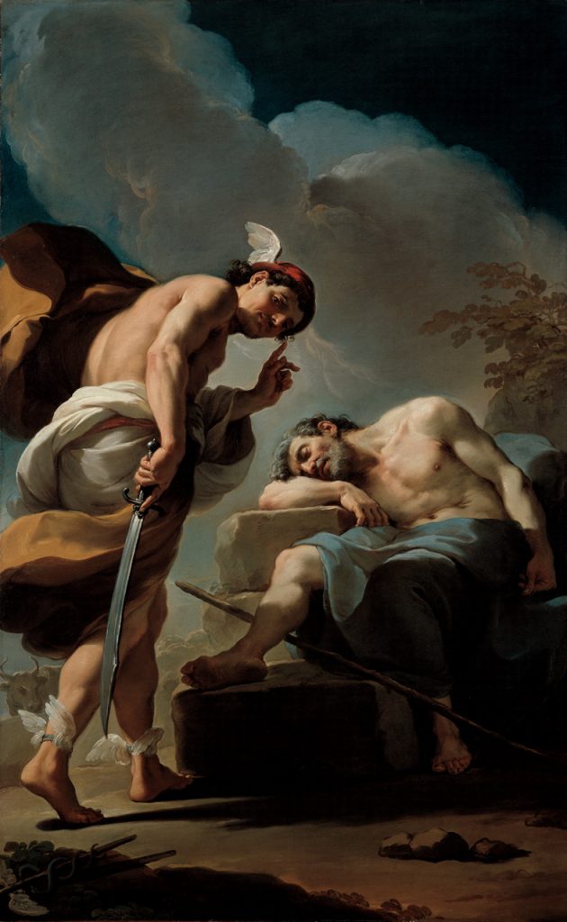 An oil painting of a male figure wearing a winged cap and carrying a sword, sneaking up on another male figure who is sleeping. The first male figure gestures to the viewer to be quiet.