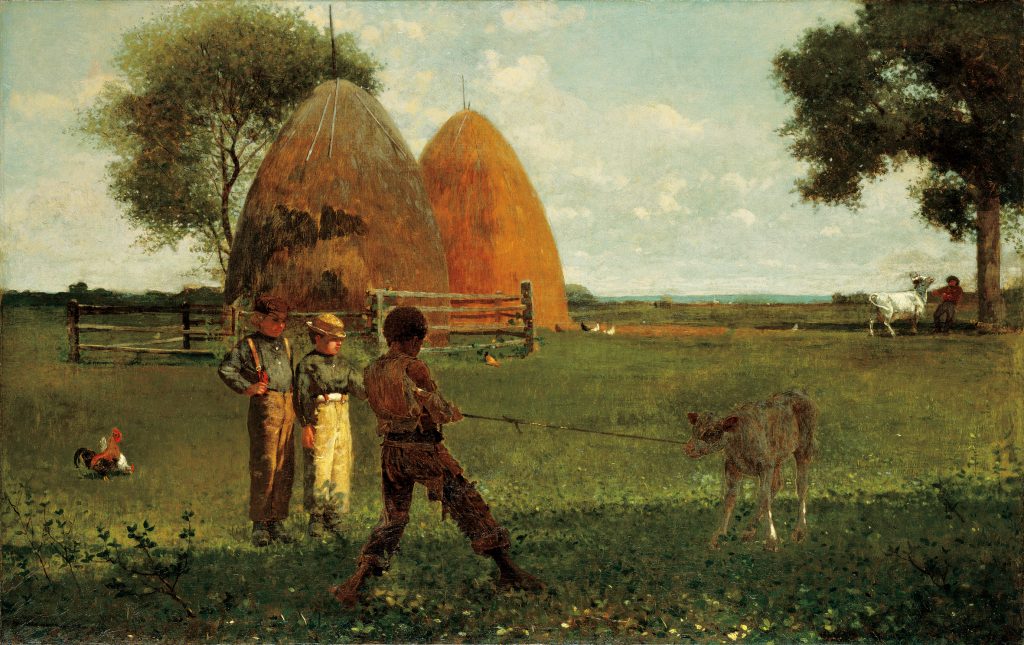 An oil painting of a farm scene with animals and three human figures. One boy is shown pulling a rope that is tied to a calf. Two other boys stand side by side, watching from a distance. A cow, a fence, chickens, two large hay bales, and two trees are depicted in the background.