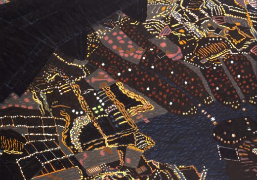 An aerial-view painting of the New York metropolitan area from the perspective of an airplane passenger.