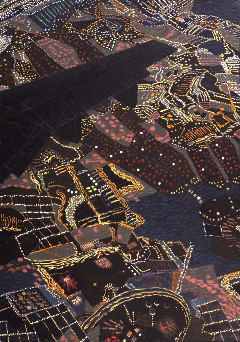 An aerial-view painting of the New York metropolitan area from the perspective of an airplane passenger.