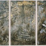 A three-panel abstract painting in shades of gray, brown, and gold. The panel on the left has several rocks attached to it. The middle panel has a small ladder attached to it, with a painted surface below. The panel on the right has a silver funnel-shaped object attached to it.