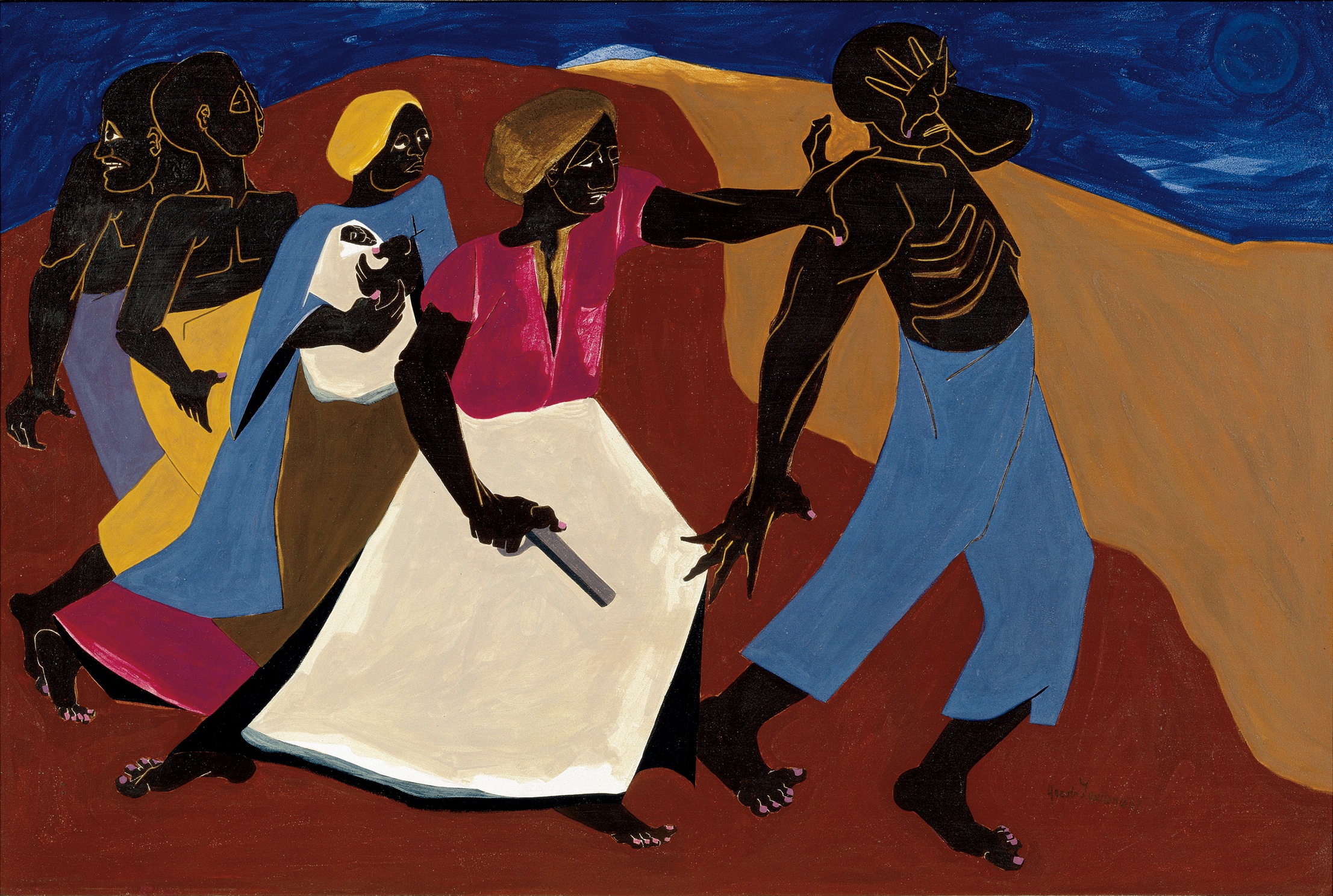 Lawrence-Forward-70_8_1-HB.jpg A tempera painting of Harriet Tubman helping four enslaved people escape to freedom