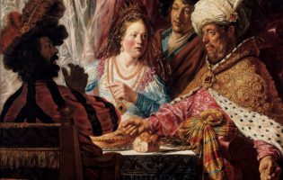 An oil painting depicting three people seated at a table, and one person standing in the background. The seated figures are a queen and king, whose faces are illuminated, and a man sitting in shadow with his back to the viewer. The figure standing behind the king and queen is their servant.