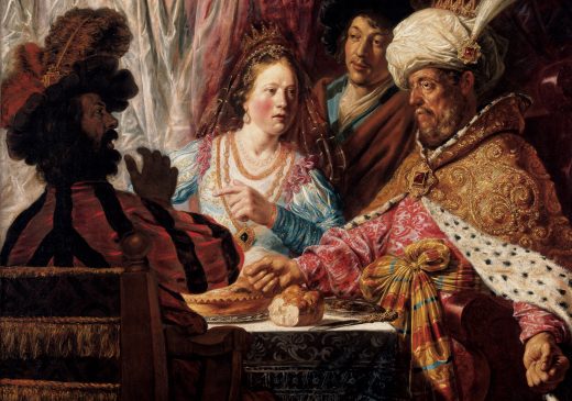 An oil painting depicting three people seated at a table, and one person standing in the background. The seated figures are a queen and king, whose faces are illuminated, and a man sitting in shadow with his back to the viewer. The figure standing behind the king and queen is their servant.