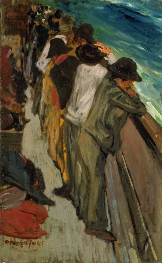 A vertical painting of a row of people standing side by side against the railing of a ship and looking out at the blue water. They are wearing hats and muted shades of gray, black, white, red, and yellow. Their belongings are piled behind them on the ship’s deck.