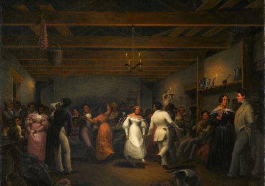 A painting depicting a candlelit kitchen full of people. Several couples dance in the middle of the room. Approximately 30 other people sit or stand around the room. On the right side of the painting, three musicians play stringed instruments and a flute. There is a dog in the foreground, and a man is reaching up to light a candle in the background.