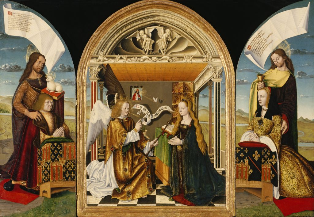 A brightly colored, three-paneled painting featuring the Virgin Mary and an angel on the center panel. The left panel depicts a kneeling male figure with a saint standing nearby, and the right panel depicts a female figure in the same pose, with a saint standing beside her. The background of the scene is a landscape with rolling hills and a blue sky filled with small white clouds.
