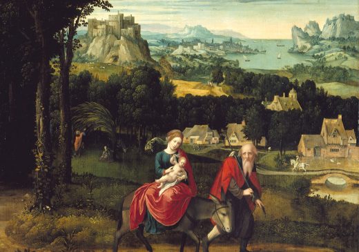 The baby Jesus and his mother Mary ride on a donkey, led by Joseph as they flee towards Egypt. The Holy Family is draped in red and blue garments, beginning their journey on a path through the Netherlandish countryside with the sea fading into the background.