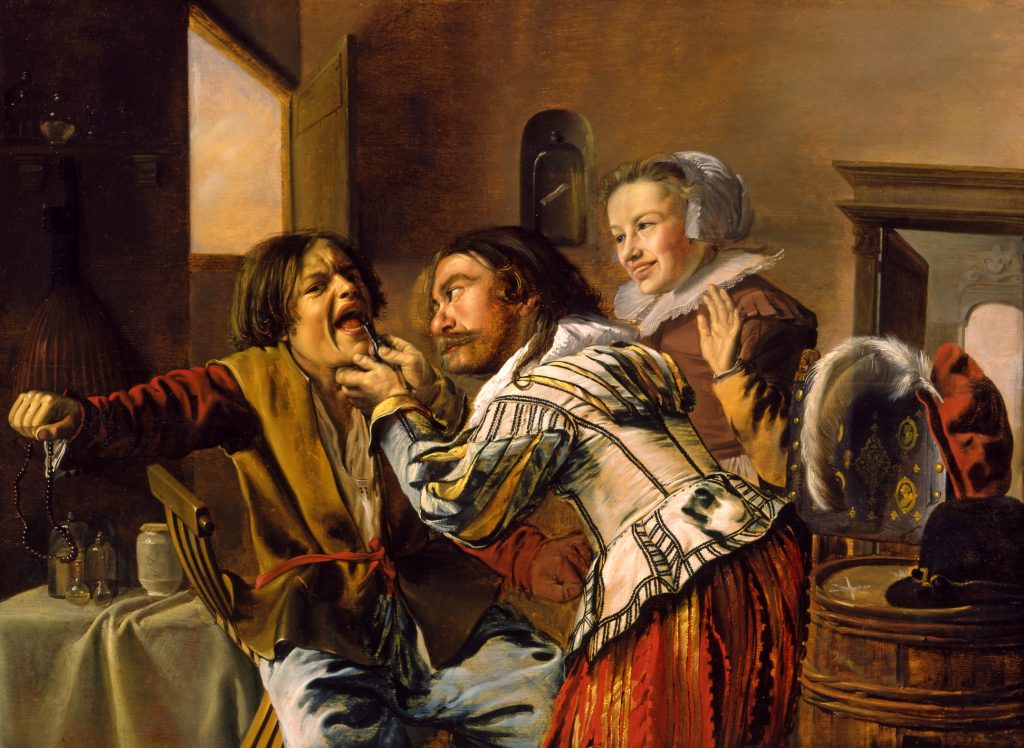 An oil painting depicting three figures in a room. A dentist holds the face of a patient and uses a tooth-pulling tool. The patient is seated and holds a rosary in one hand. A smiling woman is standing beside the dentist and the patient.