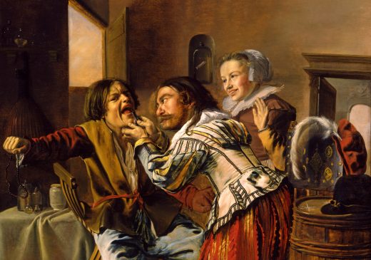 An oil painting depicting three figures in a room. A dentist holds the face of a patient and uses a tooth-pulling tool. The patient is seated and holds a rosary in one hand. A smiling woman is standing beside the dentist and the patient.