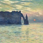 A painting of the sun setting behind a large rock formation in the ocean.