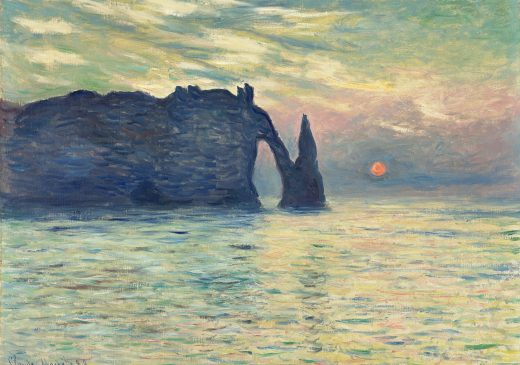 A painting of the sun setting behind a large rock formation in the ocean.
