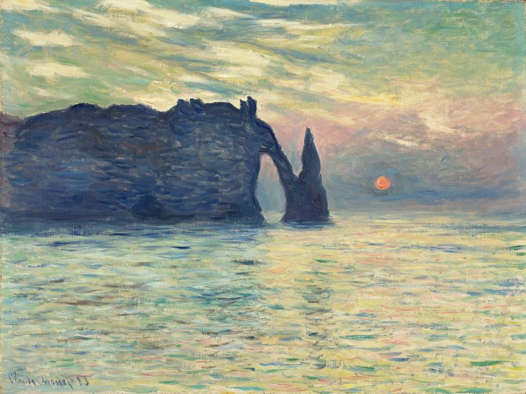 A painting of the sun setting behind a large rock formation in the ocean.