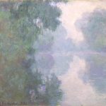 A light pastel-colored painting of a river, with misty morning sunlight glimmering on the surface of the water. The trees surrounding the river are reflected on the water’s surface.