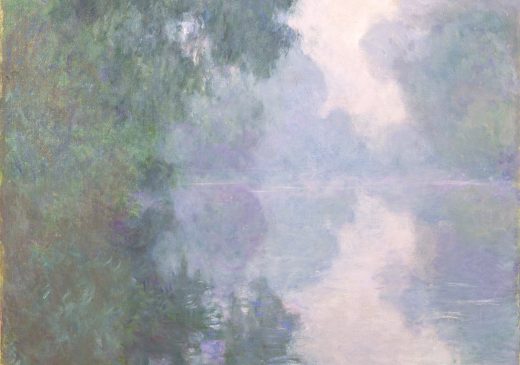 A light pastel-colored painting of a river, with misty morning sunlight glimmering on the surface of the water. The trees surrounding the river are reflected on the water’s surface.