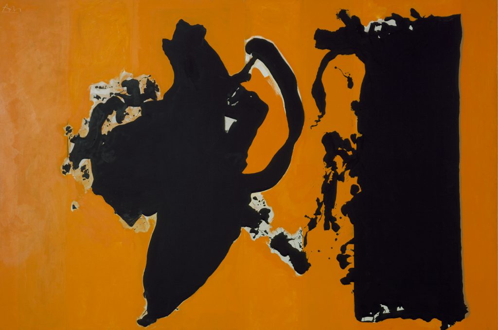 An abstract painting of two large, black ink blots on a bright orange background.