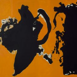 An abstract painting of two large, black ink blots on a bright orange background.