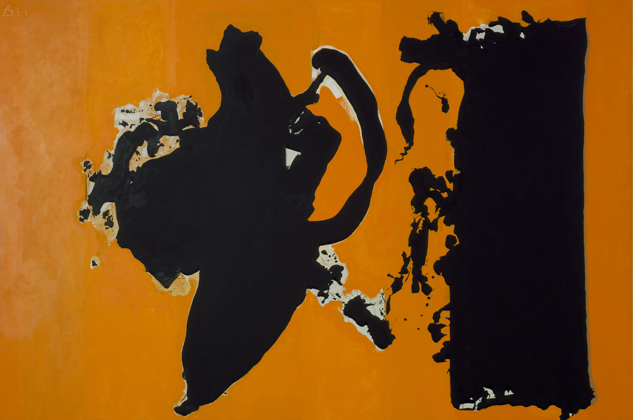 Dance Una pintura abstracta de dos grandes manchas de tinta negra sobre un fondo naranja brillante.