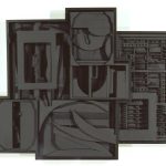 A collection of six connected wooden boxes filled with abstract shapes and made from found objects. The objects and the boxes are painted solid black.