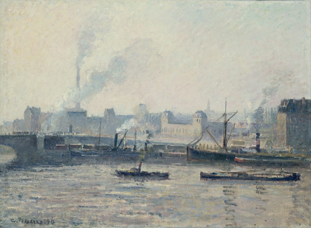 An oil painting of a riverside town. The color palette is mostly shades of gray, and the sky is hazy. Boats of different sizes are floating on the water. In the center of the painting, there is a stone bridge with silhouettes of people walking across it. There are industrial buildings with smoke billowing out of smokestacks in the background.