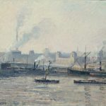 An oil painting of a riverside town. The color palette is mostly shades of gray, and the sky is hazy. Boats of different sizes are floating on the water. In the center of the painting, there is a stone bridge with silhouettes of people walking across it. There are industrial buildings with smoke billowing out of smokestacks in the background.