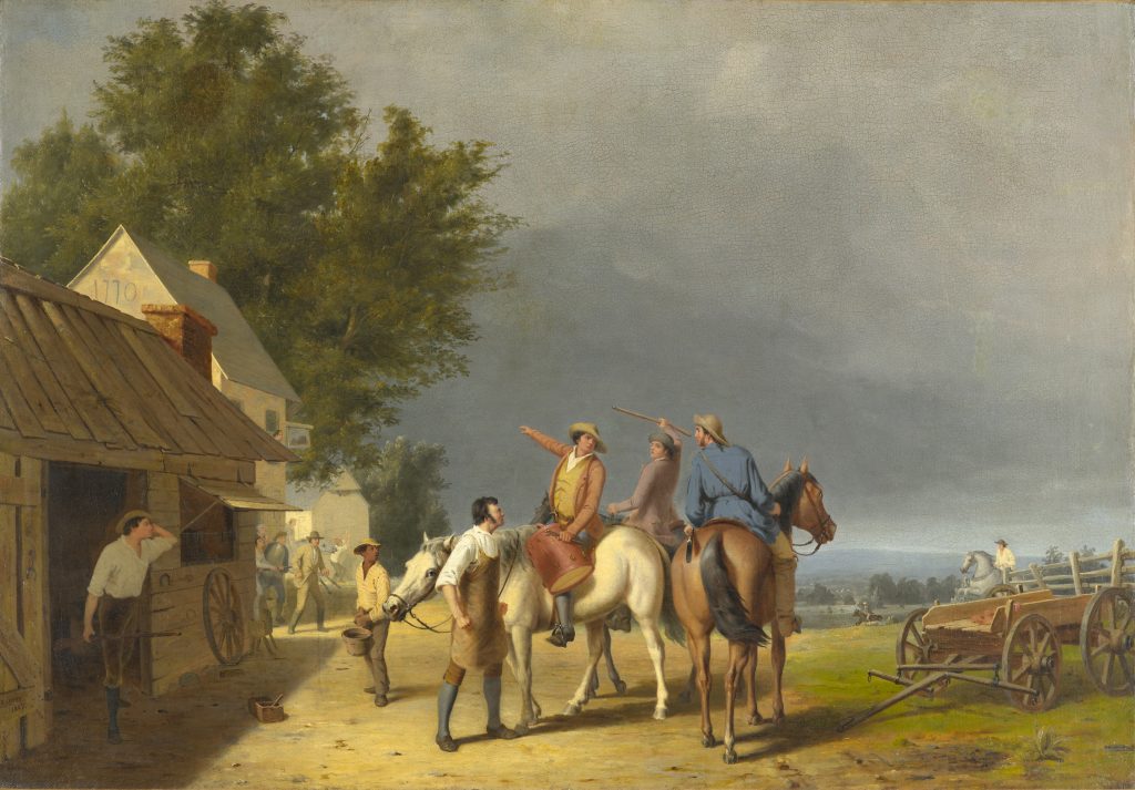 A painting featuring three men on horseback, on a village road, gesturing toward something in the distance. Townspeople are shown coming out of nearby shops and houses. An empty wagon and additional figures on horseback are depicted on the right. There is a tall green tree on the left and a cloudy sky in the background.